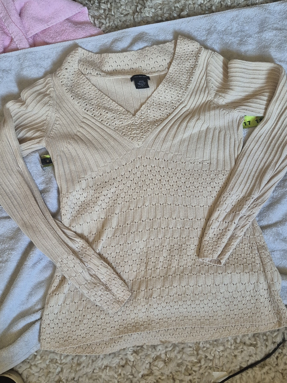 Calvin Klein Cream V-Neck Knit Sweater - Women